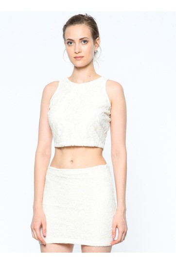 Havuz Yaka Kolsuz Sırtı Fermuarlı Dantel Bluz