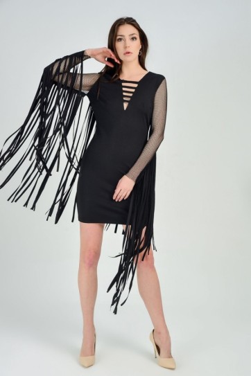 Ön Arka Lazer Kesim Kol Ve Arka Püsküllü Dalgıc Abiye Elbise | Elb31368