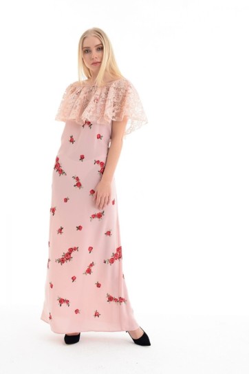 Çicekli Elbise -Dantelli Eteği Sulu Uzun Elbise