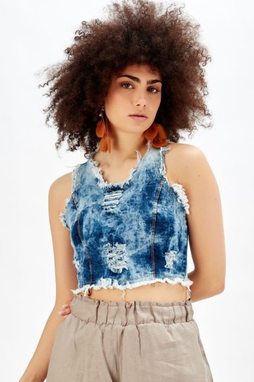 Büstiyer  Havuz Yaka Sırtı Fermuarlı Yırtık Kot Bluz