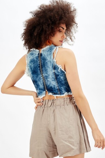 Büstiyer  Havuz Yaka Sırtı Fermuarlı Yırtık Kot Bluz