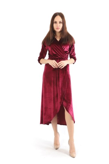 Kruvaze Yaka Eteği Parçalı Kadife Abiye Elbise