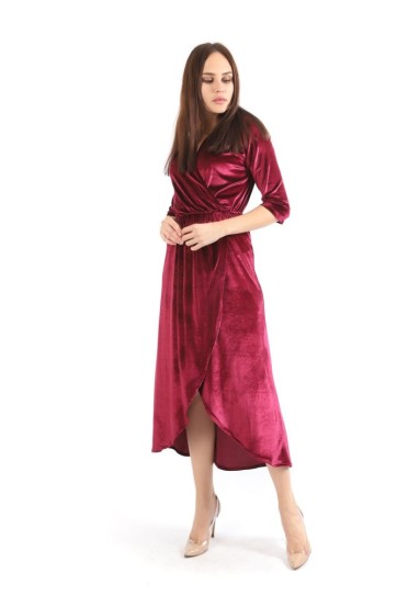 Kruvaze Yaka Eteği Parçalı Kadife Abiye Elbise