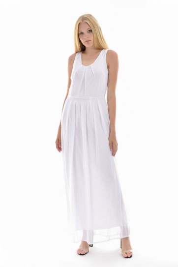 Astarlı Pileli Şifon Uzun Elbise