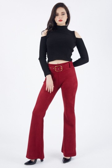 Beli Kumaş Kaplama Kemerli İspanyol Paça Süet | Pnt32574