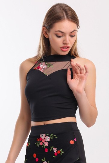 Renkli Tül Çiçekli Kısa Bluz_Blz31401