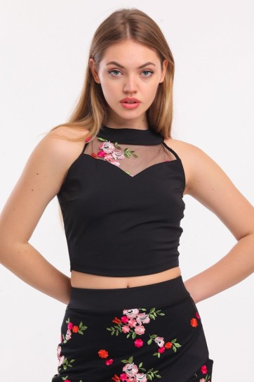 Renkli Tül Çiçekli Kısa Bluz_Blz31401