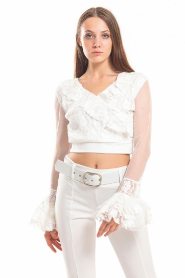 Kollar Tül Kruvaze Dantel Bluz | Blz31422