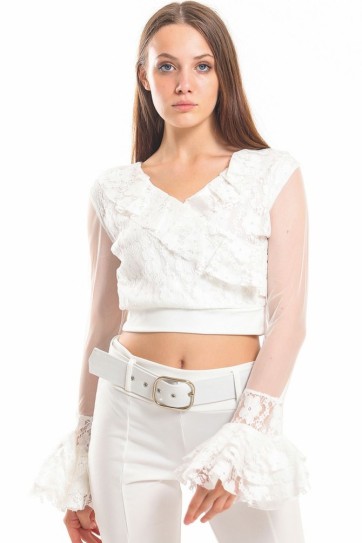 Kollar Tül Kruvaze Dantel Bluz | Blz31422