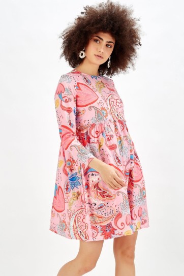 Göğüs Alti Büzgülü Havuz Yaka Desenli Elbise_Elb32126