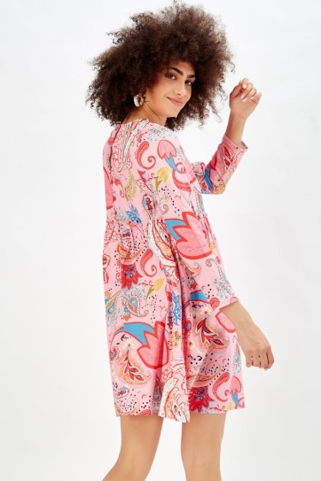 Göğüs Alti Büzgülü Havuz Yaka Desenli Elbise_Elb32126