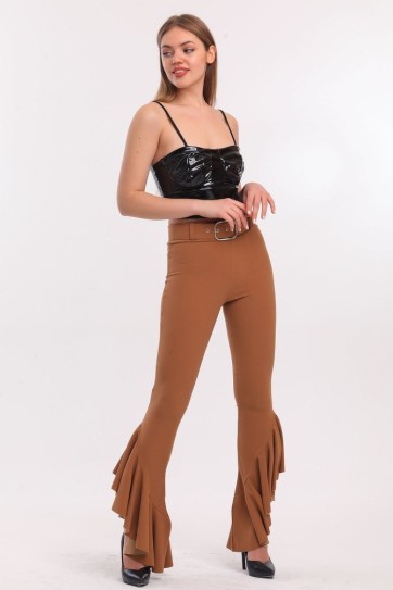 İspanyol Paşa Paçalar Fırfırlı Beli Lastikli Örme Kumaş Pantolon | Pnt32438