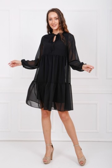 Boyundan Bağlamalı Uzun Kol Şifon İçi Astarlı Elbise Elb32766