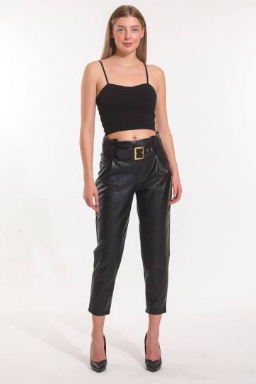 Kemerli Yüksek Bel Yandana Gizli Fermuarlı Deri Pantolon | PNT33134