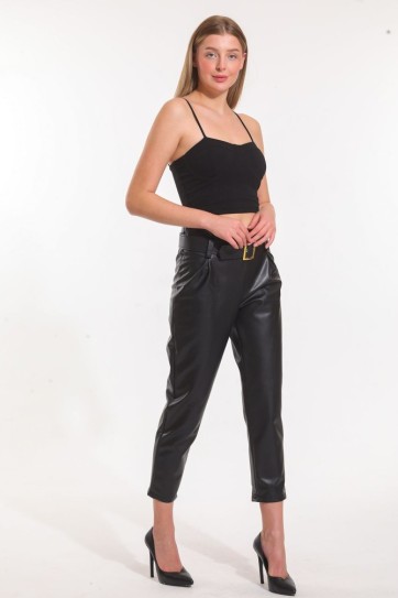 Kemerli Yüksek Bel Yandana Gizli Fermuarlı Deri Pantolon | PNT33134