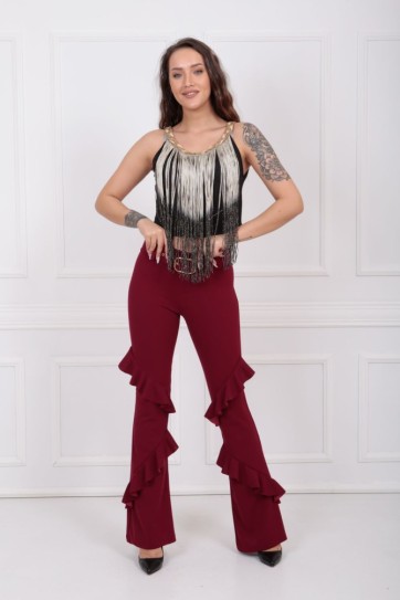 Kemerli Önler 2 Volanlı Scuba Krep Pantolon