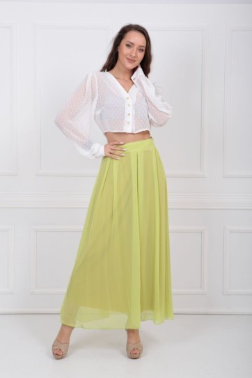 Pileli Yanı Gizli Fermuarlı Kiloş Şifon Etek ETK32728