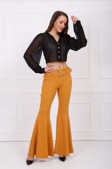 Kumaş Kaplama Kemerli Diz Altı Volanlı Pike Pantolon