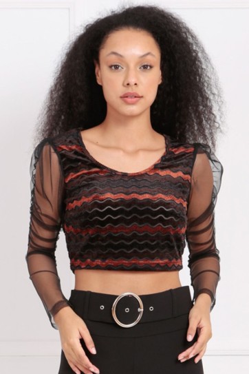 Kollar Tüllü Çizgili Kadife Bluz | BLZ33256