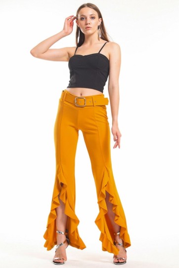 Kemerli Yandan Volanlu Scuba Krep Pantolon_Pnt33381