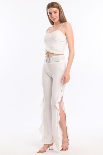 Volanlı  Kemerli Scuba Krep Pantolon | Pnt33394