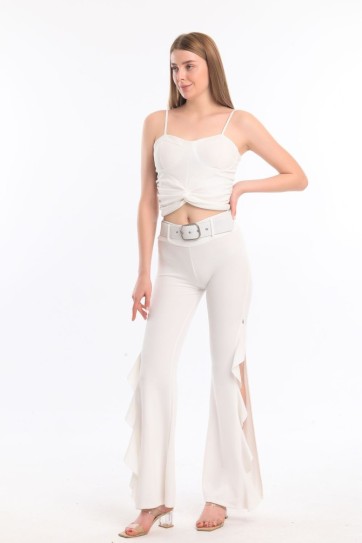 Volanlı  Kemerli Scuba Krep Pantolon | Pnt33394