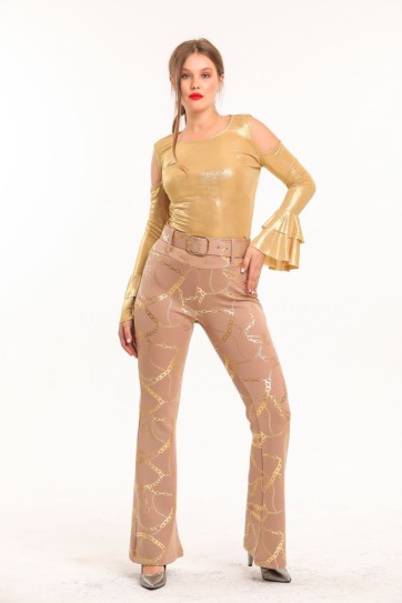 Vizon Gümüş İspanyol Paça Varak Baskılı Scuba Pantolon