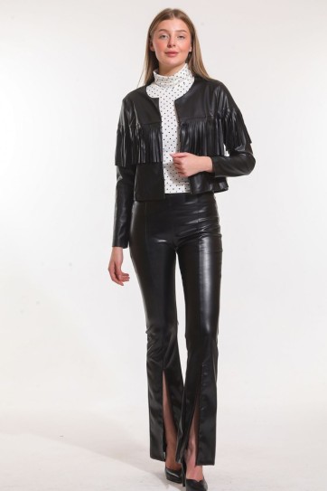 Paçalar Önden Yırtmaçlı Beli Lastikli Deri Tayt | Tyt33544