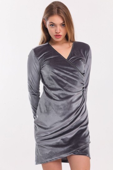 Kruvaze Uzun Kol Kadife Mini Taşlı Abiye Elbise