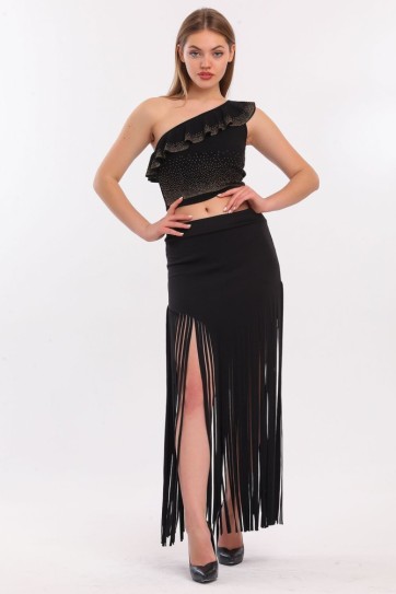 Püsküllü Scuba Abiye Etek | Etk33855