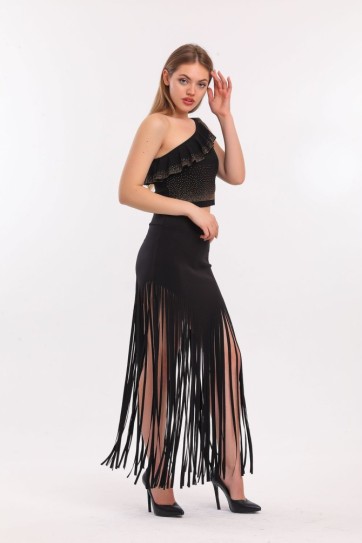 Püsküllü Scuba Abiye Etek | Etk33855