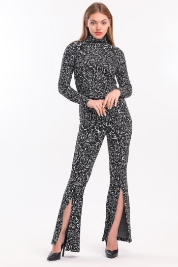 Beli Lastikli Önü Yırtmaçlı Jakarlı Pantolon