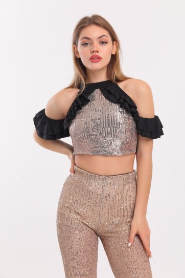 Kol Ve Yanları Volanlı Payet  Bluz | Blz32229