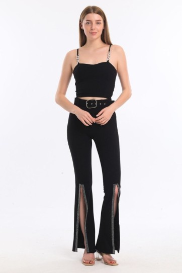 Beli Kemerli  Paçaları Taşlı Scuba Krep Abiye Pantolon | Pnt34185