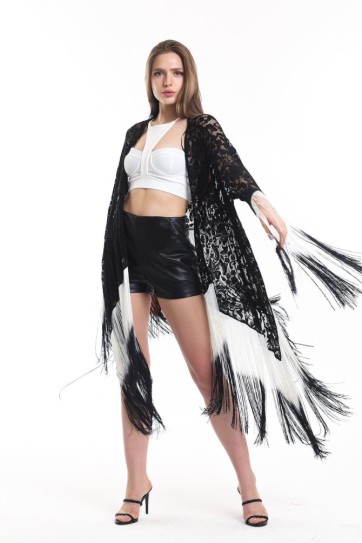 Ekru Siyah Püsküllü Kısa Dantel Kimono | Kmno 34270