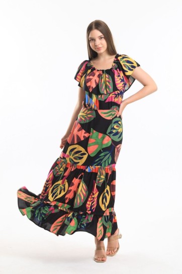 Degaje Yaka Yakası Lastikli Dokuma Viskon Uzun Elbise | Elb34315