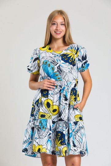 Lale Des.Mavi Kol Ucu Lastikli Arkası Damlalı Yandan Cepli Elbise | Elb34306