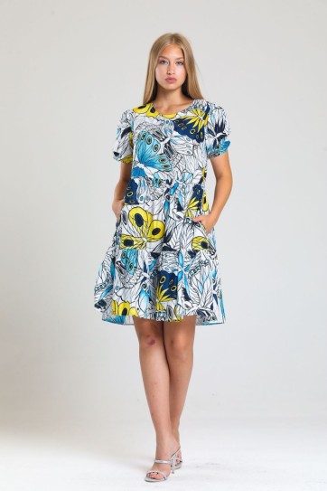 Lale Des.Mavi Kol Ucu Lastikli Arkası Damlalı Yandan Cepli Elbise | Elb34306