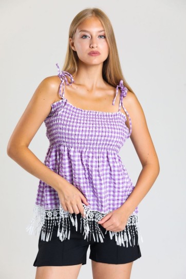 Askılı Etekleri Saçaklı Güpür Gofre Bluz |Blz33496