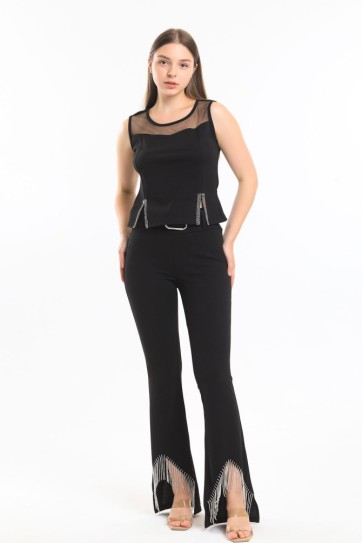 Beli Kemerli Sıralı Taş Zincir Detaylı  Scuba Krep Abiye Pantolon | Pnt34307