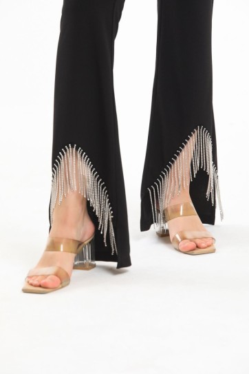 Beli Kemerli Sıralı Taş Zincir Detaylı  Scuba Krep Abiye Pantolon | Pnt34307