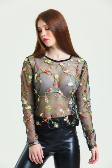 Nakışlı Transparan Bluz | Blz34335