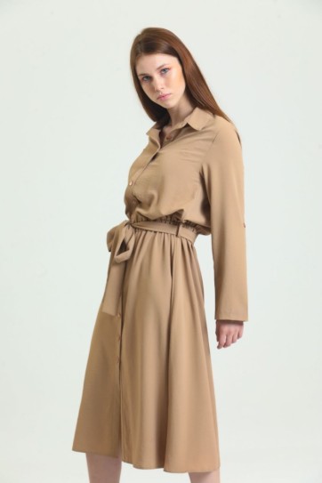 Polo Yaka Önü Patlı  Düğmeli Kemerli Uzun Kol Aerobin  Elbise | Elb33577