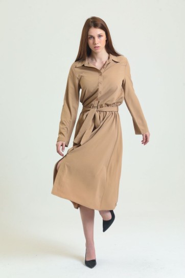 Polo Yaka Önü Patlı  Düğmeli Kemerli Uzun Kol Aerobin  Elbise | Elb33577