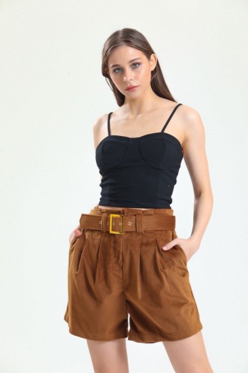 Kumaş Kaplama Kemerli Fitilli Kadife Şort | Şrt32587