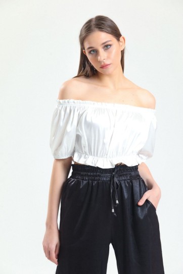 Yaka Ve Etek Lastik Büzgülü Kolağzı Lastikli Saten Bluz | Blz34216