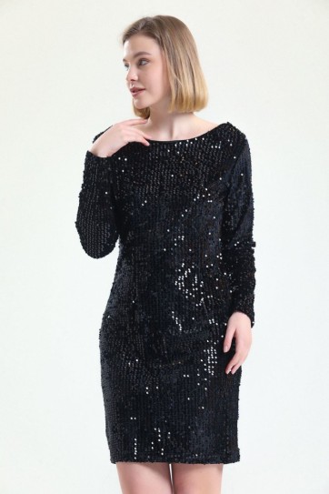 Gizli Fermuarlı Kadife Payetli Abiye Elbise | Elb32493