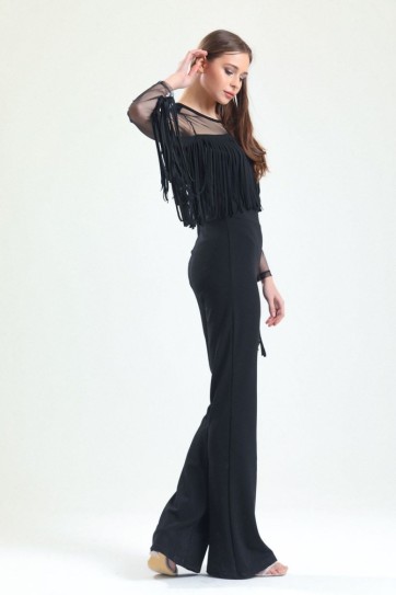 Gizli Fermuarlı Tül Püsküllü Scuba Krep Tulum | Tlm34163