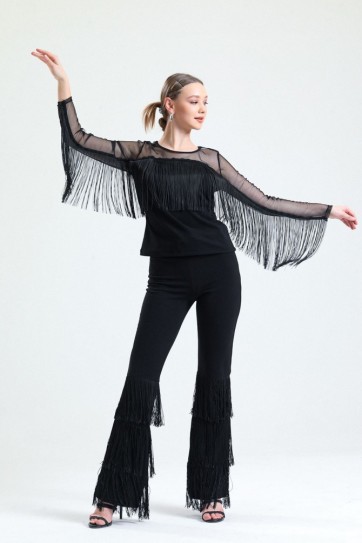 Püsküllü Dalgıç Scuba Krep Tül  Bluz | Blz33372