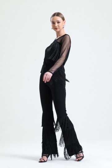 Kemerli Püskülü Detaylı Scuba Krep Pantolon | Pnt34791